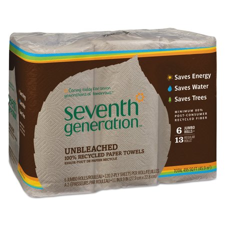 SEVENTH GENERATION Perforated Roll Paper Towels, 2 Ply, 120 Sheets, 9", Brown, 6 PK SEV 13737
